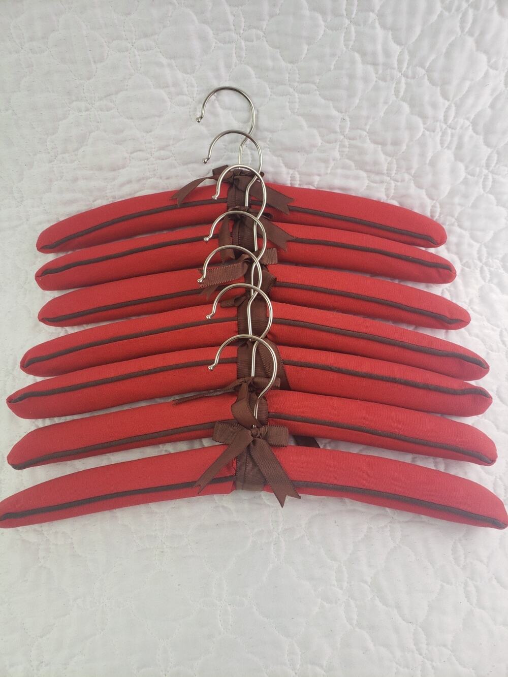 Vintage Padded Hangers Red & Brown Trim Fabric Closet Decor from Hecht's Set 7